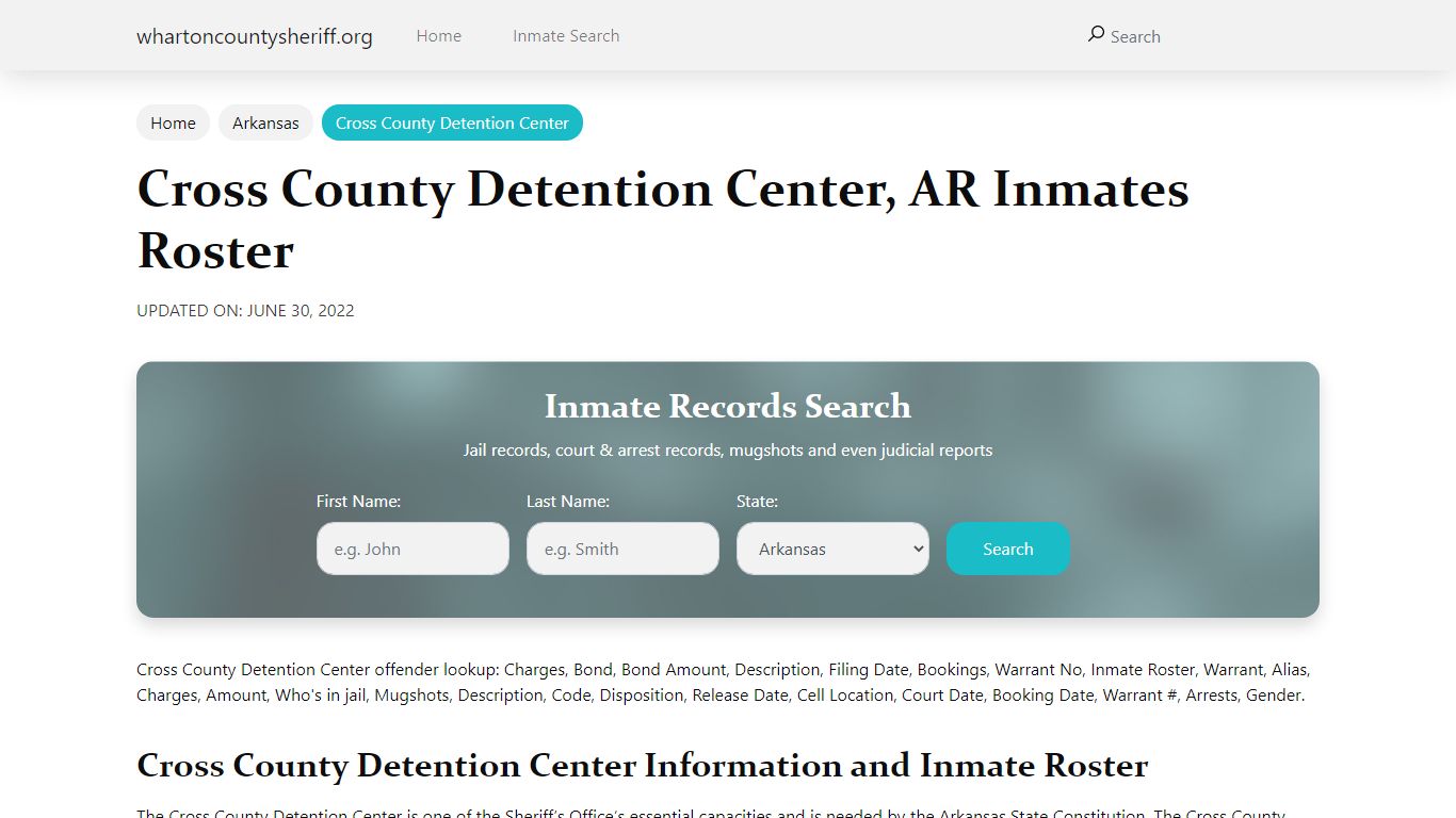 Cross County Detention Center, AR Jail Roster, Name Search